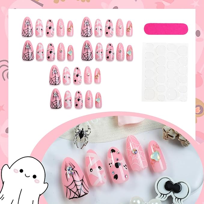 30Pcs Halloween Press on Nails Medium Almond Fake Nails with Cute Ghost Spider Web Mummy Design Pink Glitter Rhinestones Stick on Nail Spider False Nails Full Cover Artificial Glue on Nails for Women