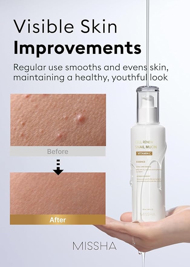 MISSHA Cell Renew Snail Mucin Vitamin C Essence Serum 3.38 Fl oz - Hydrating Korean Skincare for Glass Skin, Snail Mucin Serum for Improved Skin Texture & Complexion