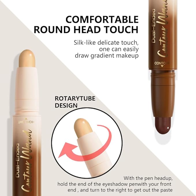 2in1 Cream Contour Highlighter Stick, Neutral Bronzer Makeup Sticks, Applies Dual-Ended Sculpting Stick for Face Body, Long Lasting Waterproof No Smudging, Suitable for Makeup Beginners- Rich