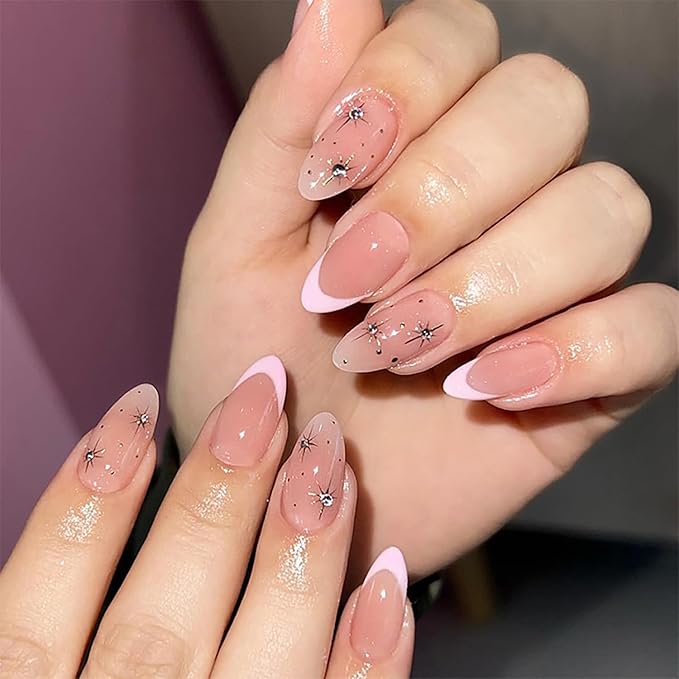 24Pcs Pink French Tip Press on Nails Almond Medium Fake Nails Nude Pink Acrylic Nails Gold Star Rhinestones Artificial Stick on Nails Full Cover Glossy Glue on Nails for Women Girls Daily Wear