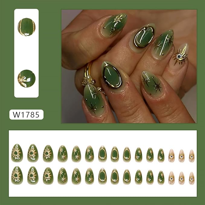 24Pcs Gold Star Press on Nails Short Almond Fake Nails with Eye Green Glossy Design Gilded False Nails Full Cover Artificial Glue on Nails Summer Stick on Nails for Women DIY Manicure Decorations Tips