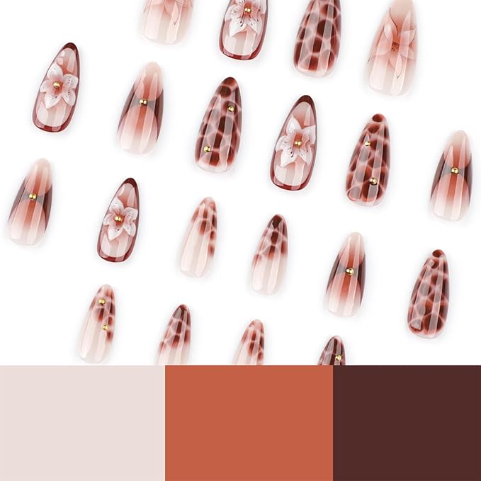 Handmade Press on Nails Medium Nude Brown Gradient Almond Fake Nails with Stereoscopic Flower Design Summer Glue on Nails Glossy Almond Shaped False Nails Reusable Stick on Nails for Women Girls 24Pcs