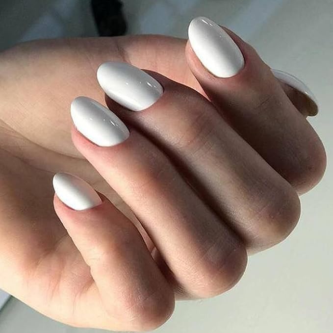 modelones Short Press on Nails, Oval Fake Nails Kit Press Ons with Nail Glue, Adhesive Tabs, Nail File, Prep Pad, Manicure Stick, 32Pcs 16 Sizes, Elegant White, Christmas