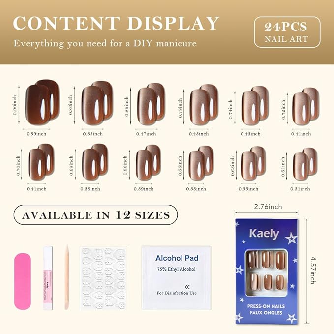 Nude Brown Cat Eye Press on Nails Medium Square, Medium Square Press Glue on Nails Chrome for Women Gift, Brown Holographic Glitter Glossy Reusable Soft Gel Acrylic Fake Nail with Design Cateye Effect