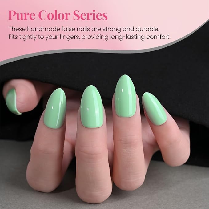 evpct Glossy Press on Nails Short Almond Short for Women, Green Fake Nail with Glue Salon Quality Reusable Stick on Nails In 15 Sizes 30Pcs Full Cover False Nail Soft Gel Set Kit for Gift, 16