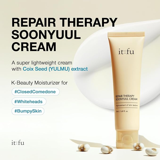 ITFU Repair Therapy Soonyuul Cream | Coix (Yulmu) Seed Grain, K-Beauty Moisturizer for Closed Comedone Acne, Whitehead Remover & Skin Barrier Repair, Acne Prone Skin Treatment, 1.69 fl. oz / 50ml