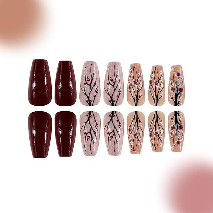 Flower Press on Nails Medium Ballet Shaped Pink Plum Bossom Pattern Design Spring Acrylic False Nails Full Cover Glossy Blossom Artificial Fingernails DIY Reusable Glue on Nail for Women 24Pcs