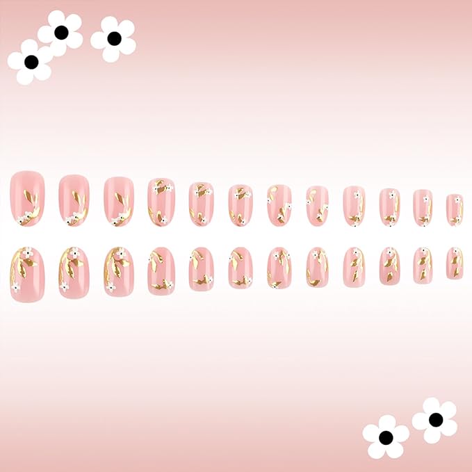 Fall White Flower Press on Nails Short Almond False Nails With Gold Design Full Cover Glue on Nail Reusable Floral Acrylic Fake Nails Glossy Artificial Stick on Nail for Women