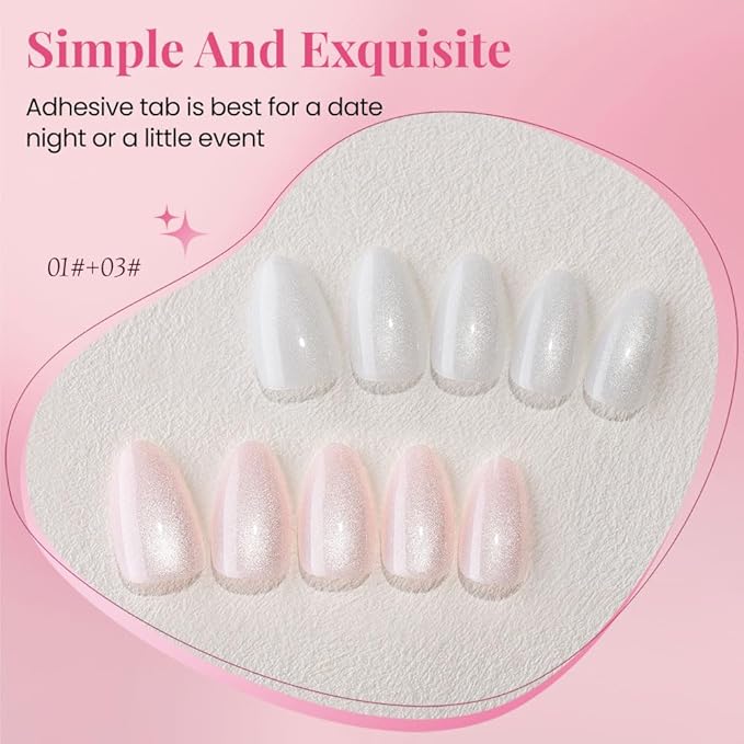 Cat Eye Press on Nails Almond Short, Cat Eye Stick on Nails Press on, Pearl White Nude Pink Glitter Short Almond Press Glue on Nail, Fake Nails Press ons with glue 60Pcs Reusable Acrylic Fake Nail Kit