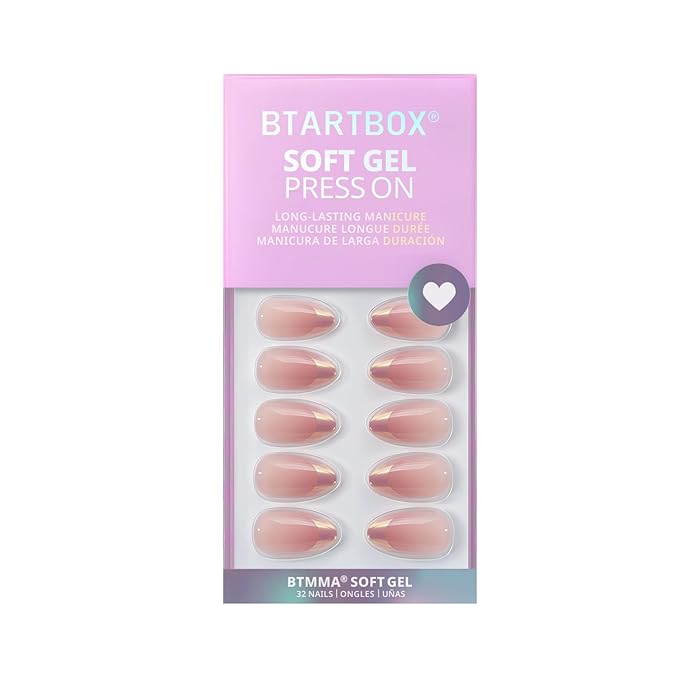 BTArtbox Press On Nails Short - Chrome French Tip Almond Press On Nails with Glue for Women, Opaque Soft Gel Glue On Nails in 16 Sizes - 32 Stick On Nails Kit, Coastal Glow
