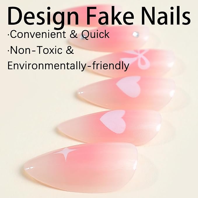 Pink Ombre Press on Nails Bow Fake Nails with Pearl Design 5D Floral Glue on Nails Glossy Artificial Acrylic Full Cover Heart Stick on Nails Medium Almond False Nails for Women Manicure 24Pcs