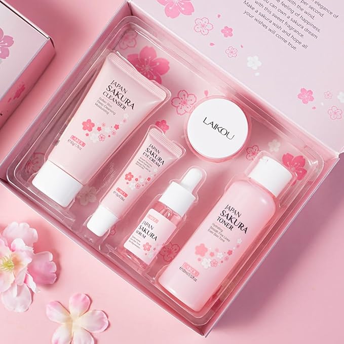 Sakura Skincare Kit for Teenage Girls Women, 5Pcs Skin Care Travel Present Set with Cleanser, Toner, Serum, Eye Cream, Face Cream