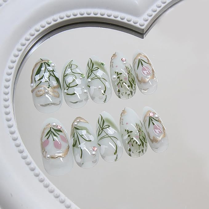 24Pcs Green Press on Nails Medium Almond Fake Nails White Pink Flower with Pearl Rhinestones Designs Full Cover Gold French Tip Nails Bow Stick on Nails Handmade False Nails for Women Acrylic Nails