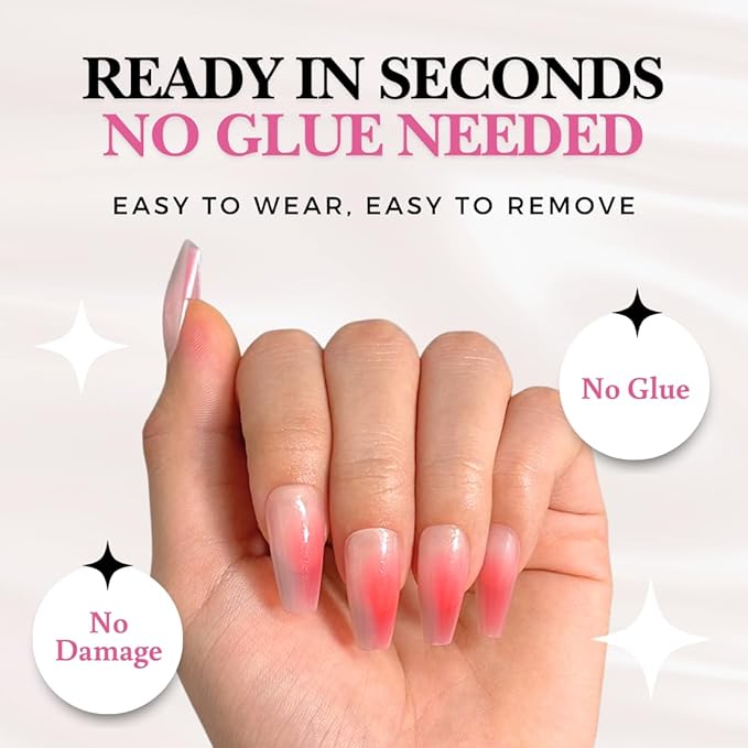 Perfect Look Press On Nails - Peach Bloom | No Glue One-Day Coffin Nails, Glossy Coral Ombre Fake Nails, Natural Look - 24 Pcs Nail Kit with Adhesive Tabs