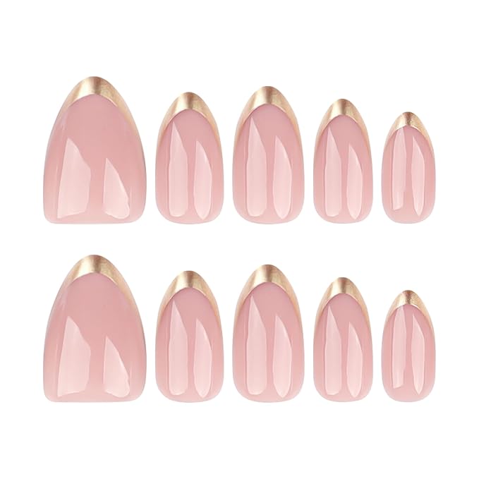 Almond Press On Nails Short, Pink Fake Nails with Elegantly Crafted Gold French Tips, Glossy Gel Finish, Thick Natural Reusable Glue On Nails Kit for Women 24Pcs, Golden French Chic