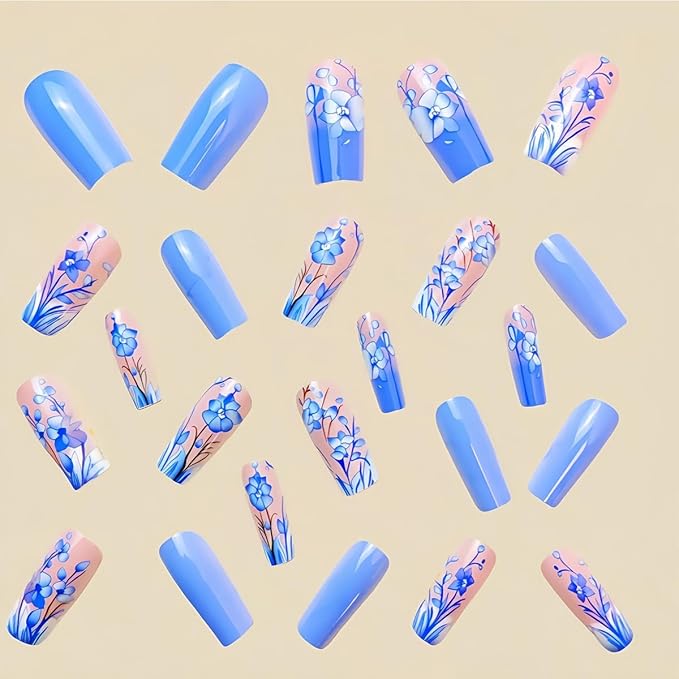 Coffin Press on Nails Medium Square Fake Nails with Blue Flower Designs Spring Summer Glue on Nails Full Cover Acrylic Nails Reusable Artificial False Nail for Women Girls Manicure Salon 24pcs