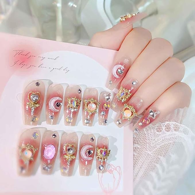 RikView Long Press on Nails Pink Fake Nails with 3D Design Coffin Nails Glossy Full Cover Nails for Women 24 PCs/Set