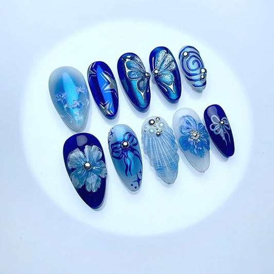 24Pcs Blue Almond Press on Nails Medium Fake Nails 3D Rhinestones Design Press on Nails Tips Butterfly Flower Pattern Full Cover Artificial Glue on Nails False Nail Cute Stick on Nail for Women