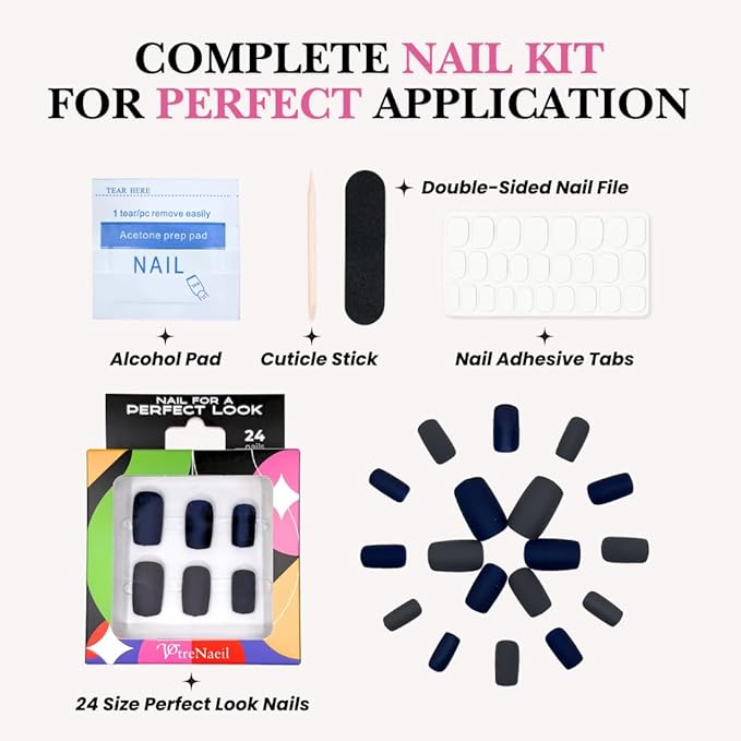 Perfect Look Press On Nails - Midnight Matte | No Glue One-Day Medium Square Nails, Matte Dark Grey & Navy Blue Fake Nails - 24 Pcs Nail Kit with Adhesive Tabs