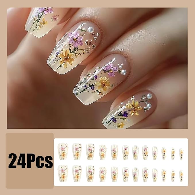 24Pcs Flower Press on Nails Short Coffin Fake Nails Spring Floral Acrylic Nails with Pearl Charms Glue on Nails Cute Acrylic Nails Glossy Full Cover Artificial Stick on Nails for Women Manicure Kit
