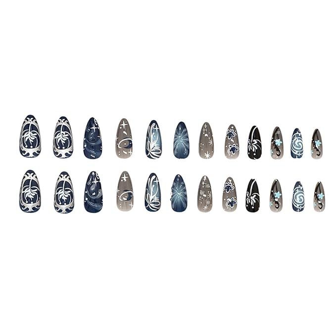 24Pcs Dark Press on Nails Almond Fake Nails Gradient Blue 3D Water Ripple Press on Tips Bow Decor Y2k Style False Nails Medium Silver Star Full Cover Artificial Nails Cute Stick on Nail Acrylic