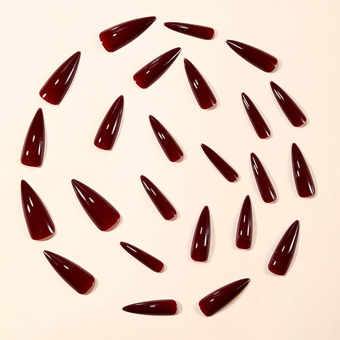 Almond Press on Nails Long Solid Wine Red Fake Nails Full Cover Glossy Stick on Reusable False Nails for Women 24 Pcs