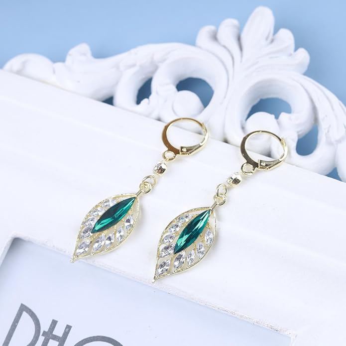 Vintage Crystal Emerald Leaf Dangle Earrings Green Rhinestone Leaf Drop Earrings Green Cz Leaf Earrings Crystal Leaf Hoop Earrings Jewelry for Women