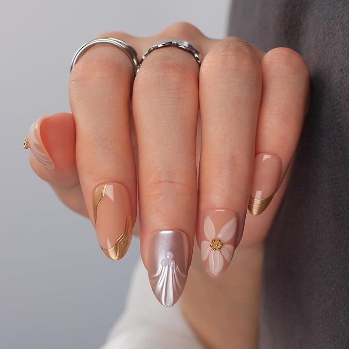 Short Press On Nails Almond – 3D Floral & Pearl Accent Nude Pink Fake Nails, 30Pcs Reusable Acrylic Stick On Nails with Gold Details, Glossy Soft Gel Look, DIY Manicure Kit for Women