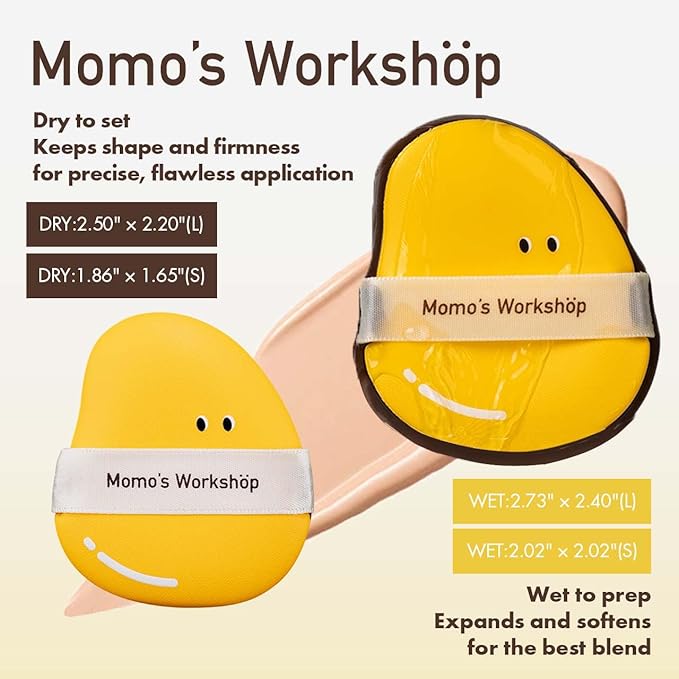 Momo's Workshop Mango Makeup Sponge Set- 2 Cosmetic Foundation Sponges, Dual-Textured for Wet/Dry Use, Pointed Tip for Detail Work, Includes Large & Medium Sizes & Storage Case