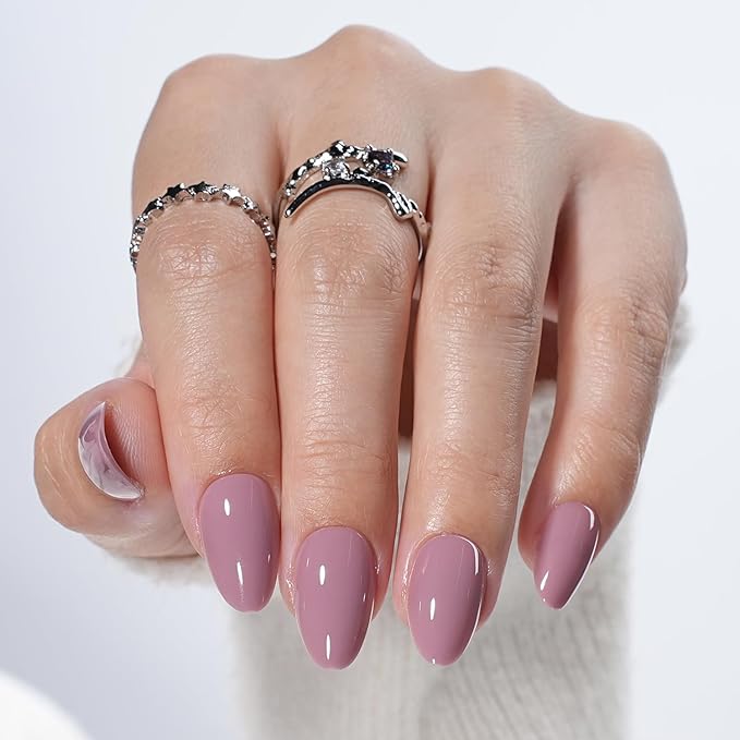 Mauve Press On Nails - Pink Milk Short Fake Nails, Almond Press On Nails Reusable Stick On Nails in 16 Sizes, 32pcs False Nail Kit for Women & Girls