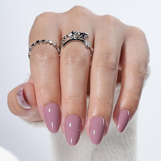 Mauve Press On Nails - Pink Milk Short Fake Nails, Almond Press On Nails Reusable Stick On Nails in 16 Sizes, 32pcs False Nail Kit for Women & Girls