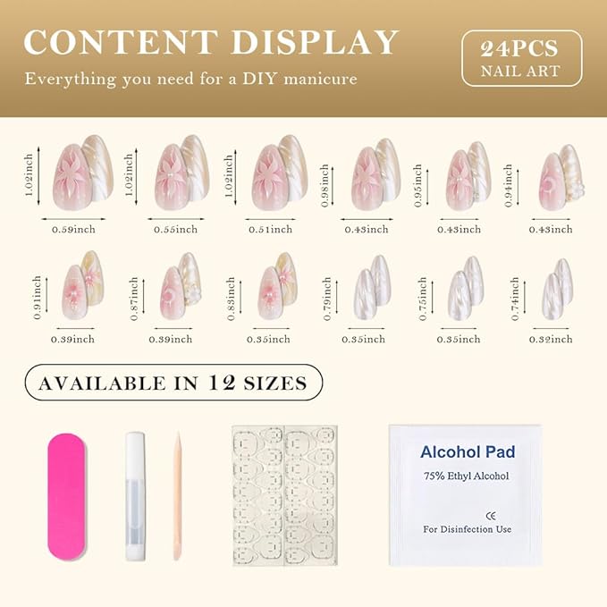 3D Handmade Spring & Summer Pink Press On Nails Almond Medium 24 Pcs, 3D Flowers Designer Reusable Acrylic Fake Nails with Glue, Party And Daily wear Nails for Women Gift