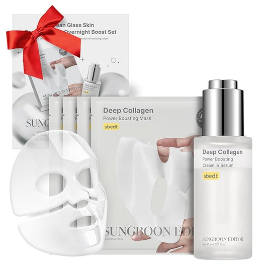 SUNGBOON EDITOR Deep Collagen Boost Set | Face Mask (4ea) & Serum | Glass Skin & Firming Care Kit | 2.16M ppb Collagen + Volufiline | Stocking Stuffers, Gifts for Women | Korean Skincare
