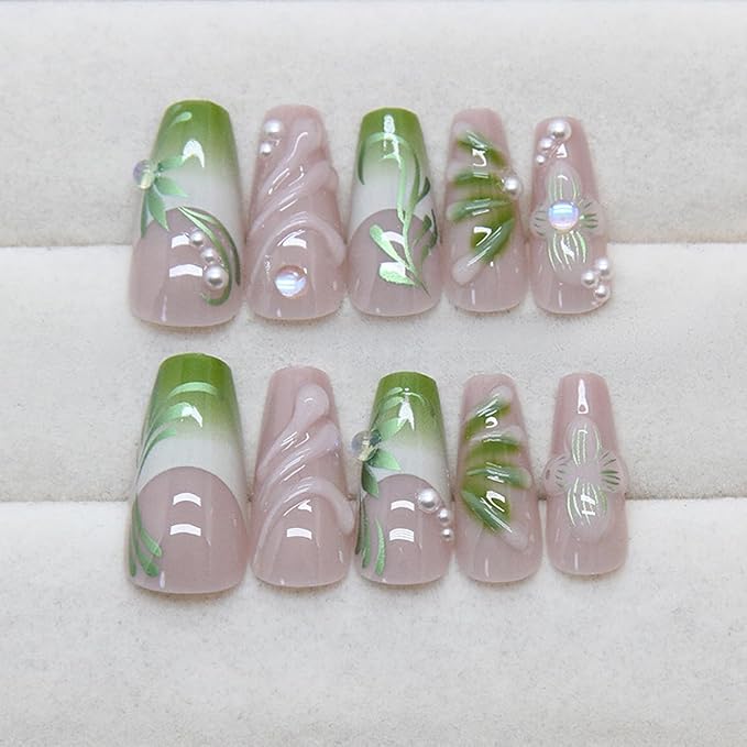 24Pcs Gradient Green Press on Nails Medium French Tip Fake Nails 3D Green Flower Glue on Nails with Pearl Rhinestones False Nails Summer Square Acrylic Nails Handmade Artificial False Nails for Women
