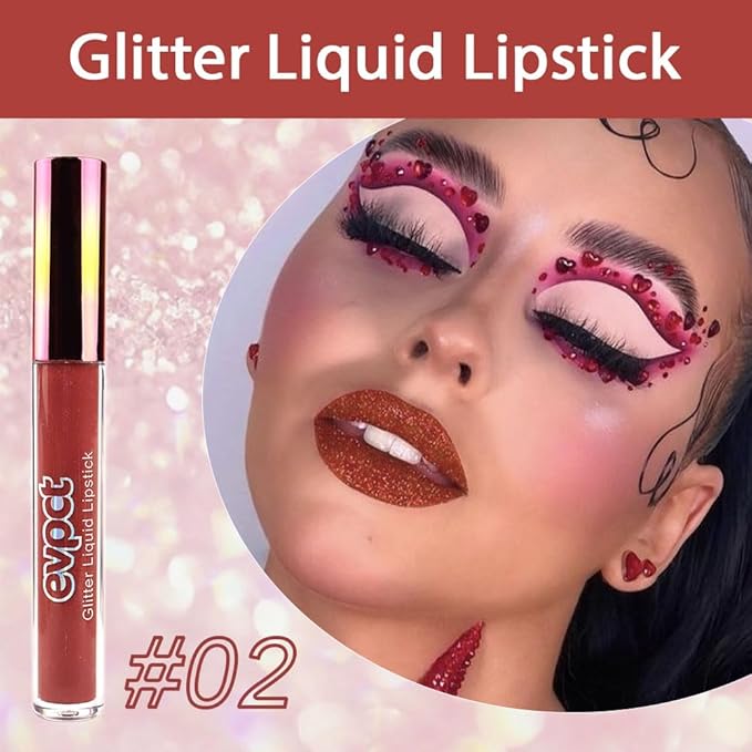 evpct 1Pcs Mauve Red Matte to Glitter Liquid Lipstick Lip Set Kit, Long Lasting Matte Diamond Glitter Lipstick Waterproof, Colorful Sparkly Glossy Metallic Shimmer Sparkle Lip Gloss for Women 02#
