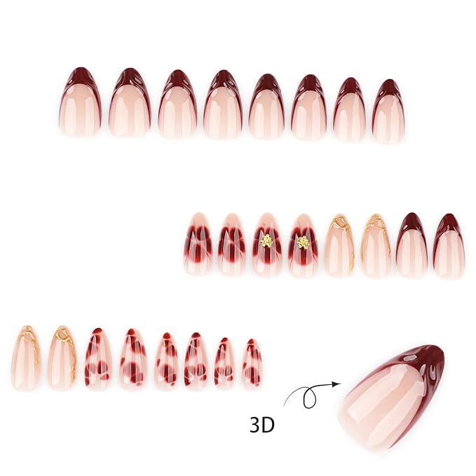 24pcs Red French Tip Press on Nails Short Almond Fake Nails with 3D Gold Stripe Bead Designs Red Flower Glue on Nails Summer False Nails Full Cover Acrylic Nail Tips Stick on Nails for Women