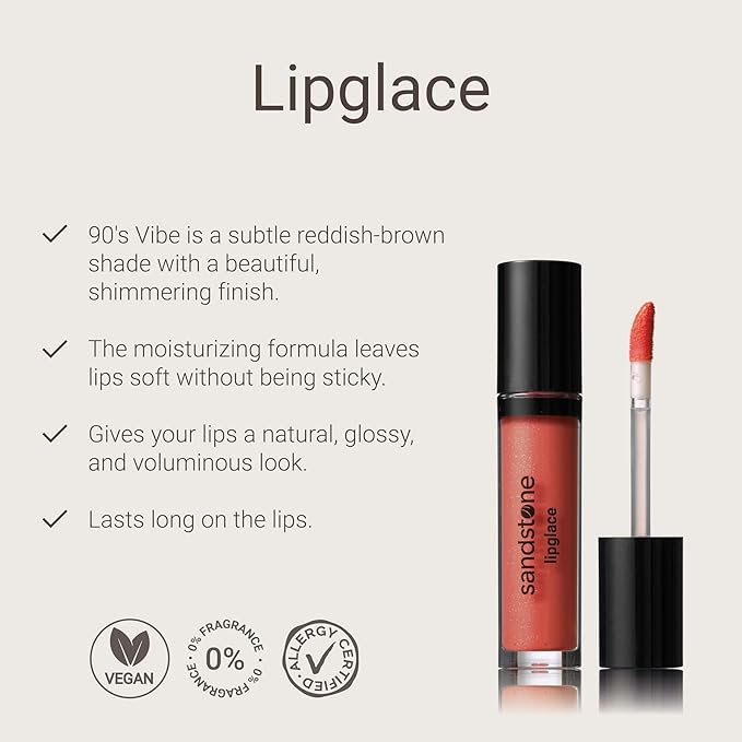Sandstone Scandinavia Lipglace - Hypoallergenic Vegan Lip Gloss - Fragrance Free & Allergy Certified - Non Sticky & Moisturizing Lipgloss - Anti-Aging Hydrating Lipgloss (90's Vibe, 3,5 g)