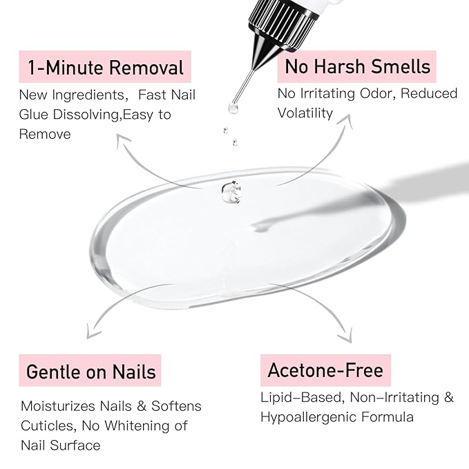 Curvlife 20ml Pinpoint Nail Glue Remover for Press on, Multi-Functional Remover for Nails Tips, Gentle Glue Remover for Gel x Nails, Non-Acetone Nail Polish Remover