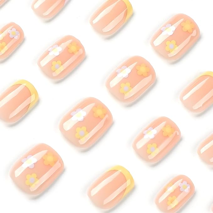 French Tricolor Short Square Press on Nails, fall False Nails with Cute Fflower Pink Design, Glossy Gel Finish Acrylic Nails, Thick Natural Reusable Nail Glue Set For Women, 24 pieces