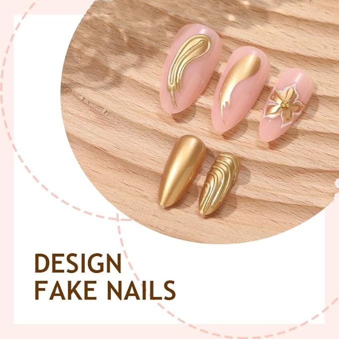 Long Almond Shape Press on Nails Pink Gold Luxury Fake Nails Nude Stick on Nail for Women 24pcs