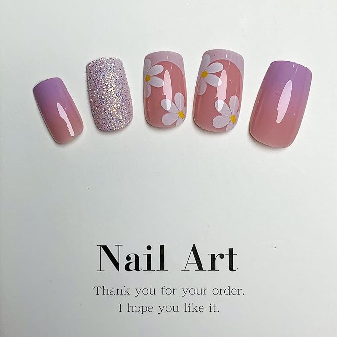 Square Medium French Flower Acrylic Glitter False Nails Kit - 24 Pcs with Designs, Gradation, Press Ons, Glue & Stick Ons