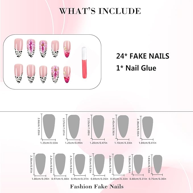 IMRAIN Medium Press on Nails Almond Fake Nails Zebra Stripes French Tip Acrylic False Nails with Pink Hawaii Flower Design Summer Glue on Nails Full Cover Artificial Nails for Women Manicure