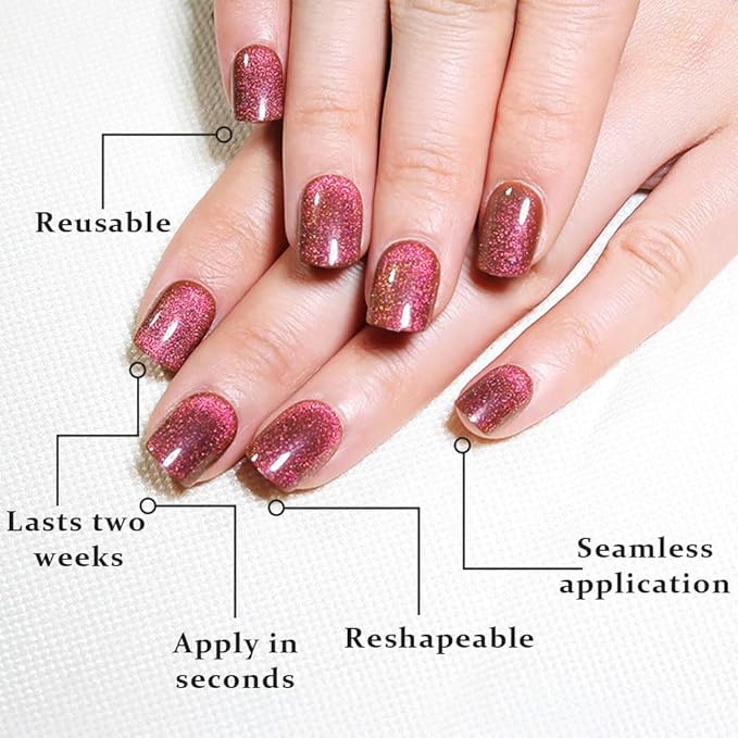 evpct Pink Purple Cat Eye Extra Short Press on Nails Square, Short Square Glue on Nails for Women Gift, Pink Purple Metallic Glitter Glossy Reusable Gel Press on Acrylic Fake Nail with Designs