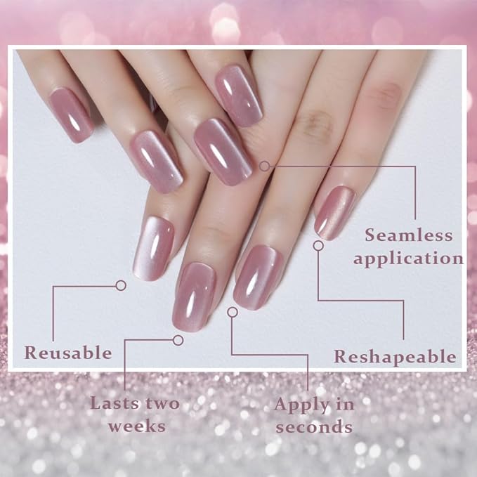 Mauve Pink Cat Eye Press on Nails Medium Square, Medium Square Press Glue on Nails Chrome for Women Gift, Mauve Holographic Glitter Glossy Reusable Gel Acrylic Fake Nail with Designs Cateye Effect