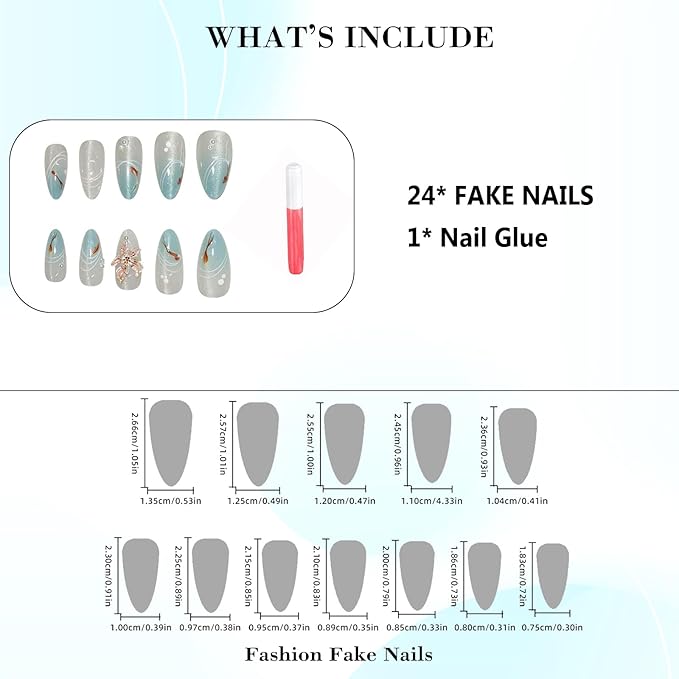 IMRAIN Almond Press on Nails Medium Fake Nails with Cat's Eye Designs Blue Gradient Acrylic Nails Press on Full Cover Glossy Glue on Nails Summer 3D Flower Artificial False Nails 24Pcs