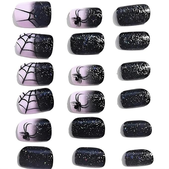 24Pcs Halloween Press on Nails Short Square Goth Fake Nails Black Purple Glitter Full Cover Glue on Nail Spider Web False Nails Acrylic Artificial Nails Cute Stick on Nail for Women Manicure Salon