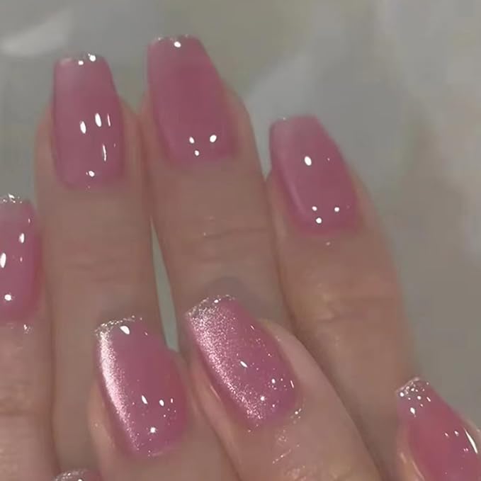 Hkanlre Coffin Press on Nails Pink Fake Nails Tips Full Cover Almond False Medium Cat Eyes Nails for Women 24PCS