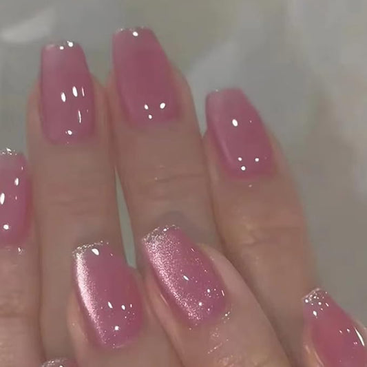 Hkanlre Coffin Press on Nails Pink Fake Nails Tips Full Cover Almond False Medium Cat Eyes Nails for Women 24PCS