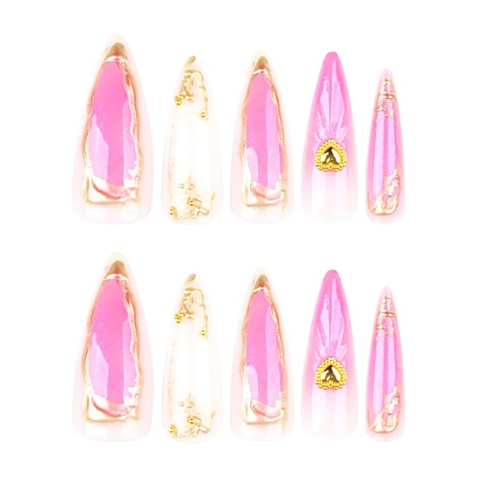 24pcs Pink Press on Nails Long Almond Fake Nails with 3D Gold Line Heart Designs Water Drop Glue on Nails Gradient False Nails French Acrylic Nails Full Cover Glossy Stick On Nails for Women