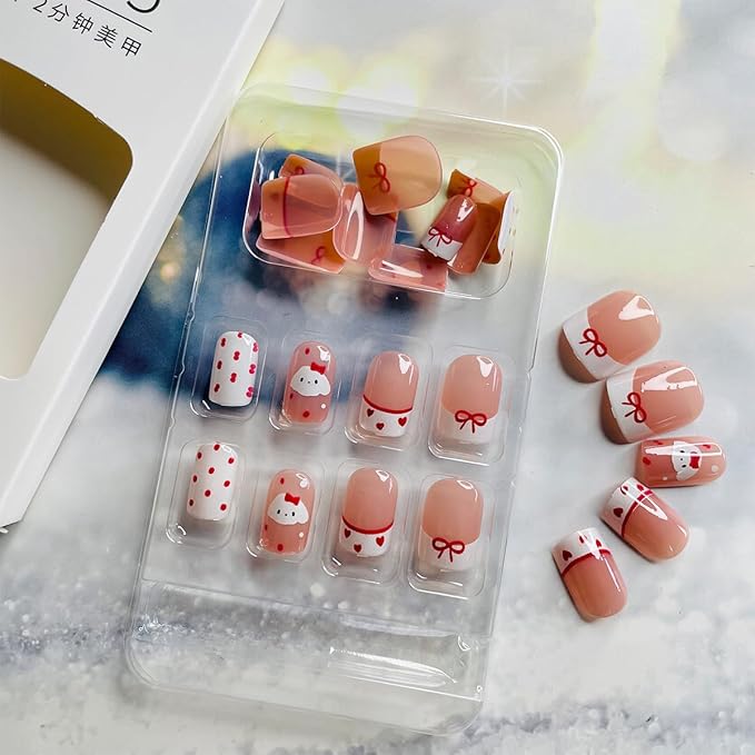 French Tip Press on Nails Short Square Fake Nails Glossy White Tie Bow False Nails Cute Acrylic Glue on Nails Heart False Nails Reusable Stick on Nails for Women Girls Nail Art Kit 24pcs